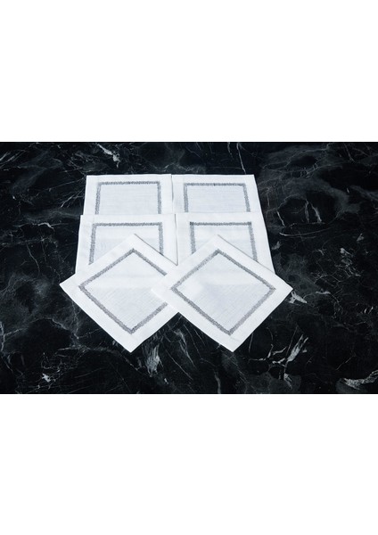 Caka Home 6'lı Kokteyl Peçetesi Zikzak Nakışlı Keten Efektli Silver Sim Renkli