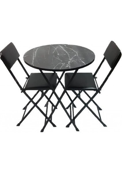 Siyah Mermer Desenli Yuvarlak Masa Sandalye Takımı