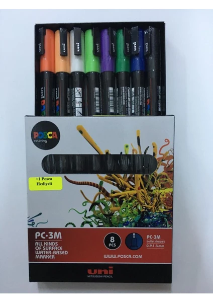 Uni Posca Pc-3m 0.9-1.3 mm Su Bazlı Boyama Markörü Seti Ana Renkler 8 Renk