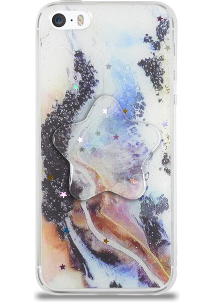 Apple iPhone 5s Kapak Mermer Desenli Pop Socketli Silikon Kılıf - Mor