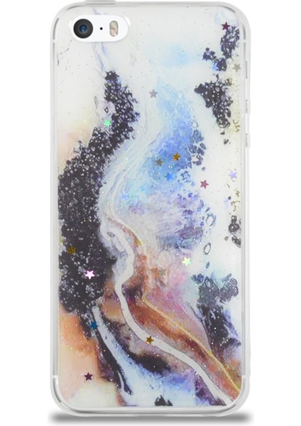 Apple iPhone 5s Kapak Mermer Desenli Pop Socketli Silikon Kılıf - Mor