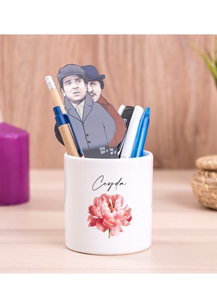 Kişiye Özel Pembe Çiçekli Isme Özel Seramik Kalemlik