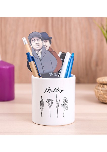Kişiye Özel Karakalem Çizimli Çiçekler Seramik Kalemlik