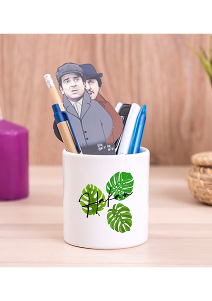 Kişiye Özel Erkeğe Hediye Yaprak Tasarım Isimli Seramik Kalemlik
