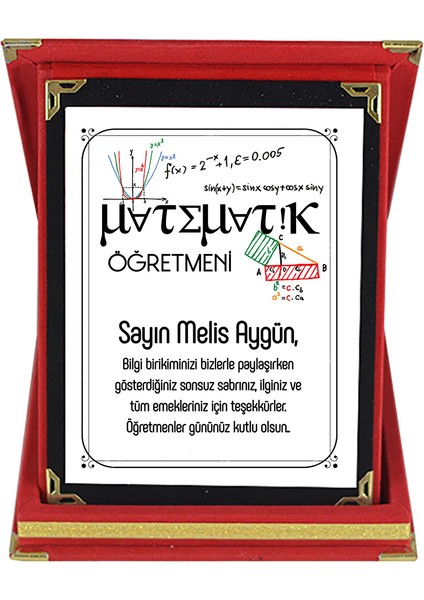 Matematik Öğretmenine Hediye Isim Baskılı Plaket - Öğretmenler Günü Hediyesi