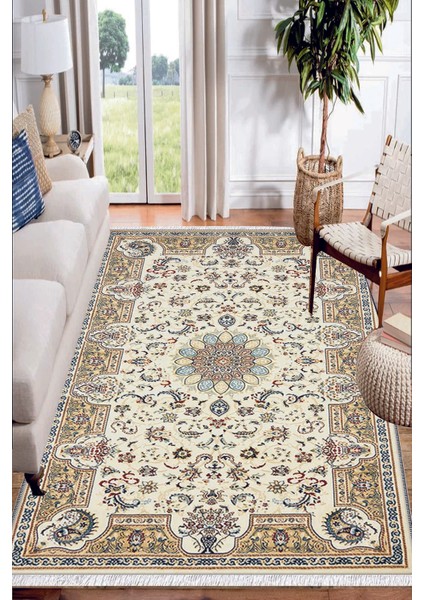 Krem Kahve Desenli Yıkanabilir Kaymaz Klasik Salon Halısı Dekoratif Kilim ARM-1003