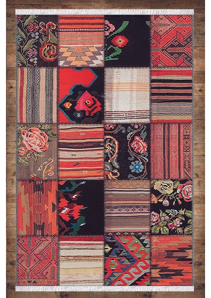 Kırmızı Siyah Çiçekli Desenli Yıkanabilir Kaymaz Salon Halısı Dekoratif Kilim ARM-1084