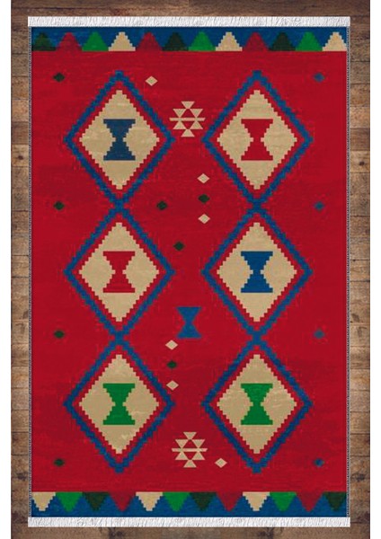 Kırmızı Mavi Otantik Desenli Yıkanabilir Kaymaz Salon Halısı Dekoratif Kilim ARM-1112