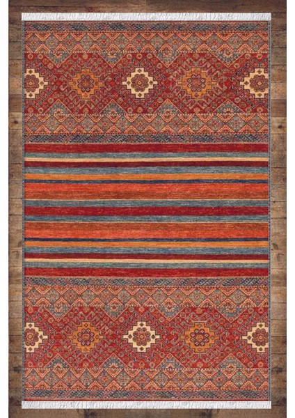 Turuncu Kırmızı Otantik Desenli Yıkanabilir Kaymaz Salon Halısı Dekoratif Kilim ARM-1116