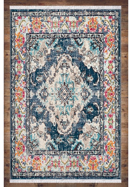 Turuncu Mavi Desenli Yıkanabilir Kaymaz Salon Halısı Dekoratif Kilim ARM-1038