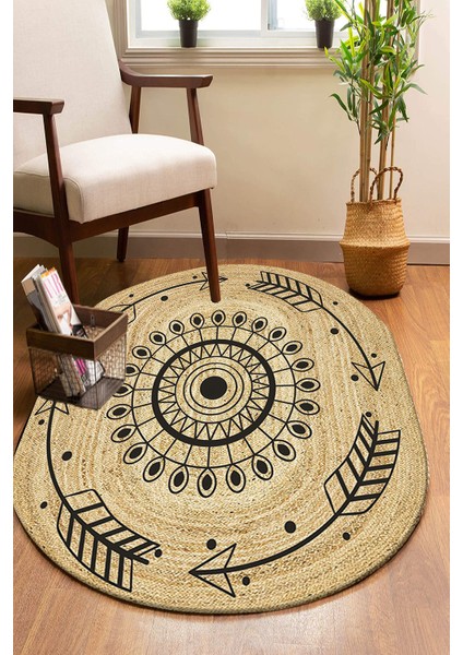 Bohem Oklar Desenli Oval Örme Dekoratif Jüt Kilim Hasır Halı JUT-4073