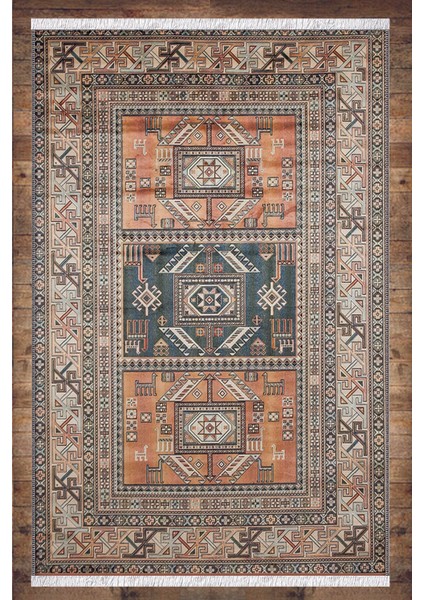 Turuncu Mavi Otantik Desenli Yıkanabilir Kaymaz Salon Halısı Dekoratif Kilim ARM-1028