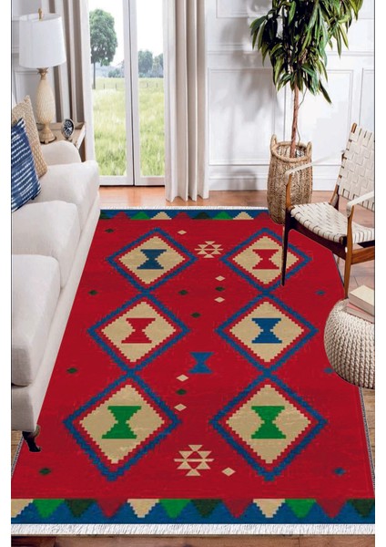 Kırmızı Mavi Otantik Desenli Yıkanabilir Kaymaz Salon Halısı Dekoratif Kilim ARM-1112