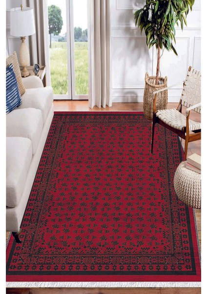 Bordo Otantik Motifler Desenli Yıkanabilir Kaymaz Salon Halısı Dekoratif Kilim ARM-1206