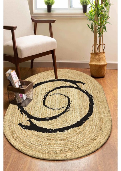 Yılanlı Desenli Oval Örme Dekoratif Jüt Kilim Hasır Halı JUT-4010