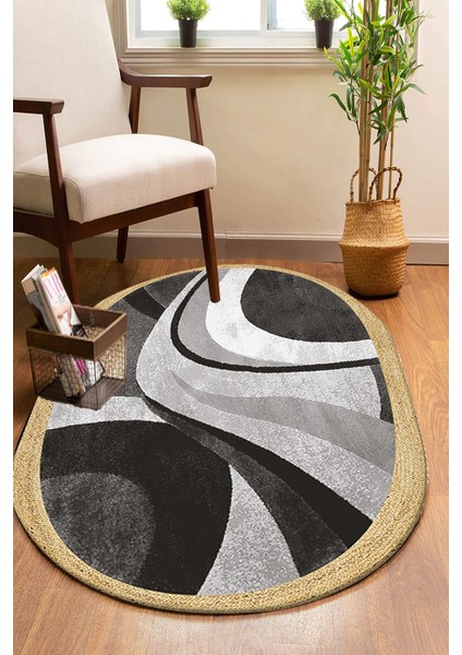 Gri Beyaz Retro Desenli Oval Örme Dekoratif Jüt Kilim Hasır Halı JUT-4053