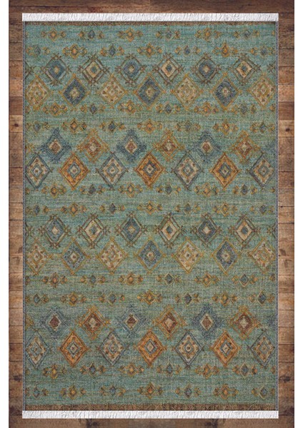 Yeşil Mavi Damask Anadolu Desenli Yıkanabilir Kaymaz Salon Halısı Dekoratif Kilim ARM-1166