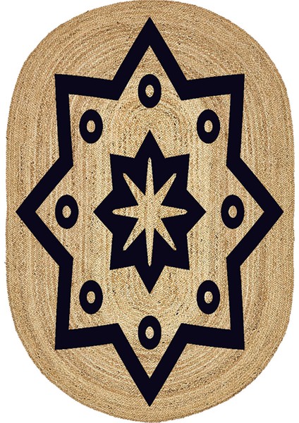 Yıldızlı Desenli Oval Örme Dekoratif Jüt Kilim Hasır Halı JUT-4077