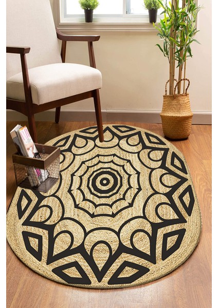 Mandala Desenli Oval Örme Dekoratif Jüt Kilim Hasır Halı JUT-4078