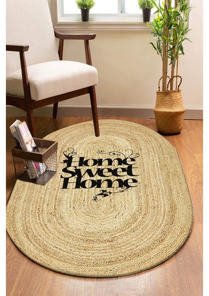 Home Sweet Home Desenli Oval Örme Dekoratif Jüt Kilim Hasır Halı JUT-4079