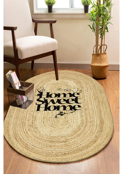 Soho Halı Home Sweet Home Desenli Oval Örme Dekoratif Jüt Kilim Hasır Halı JUT-4079