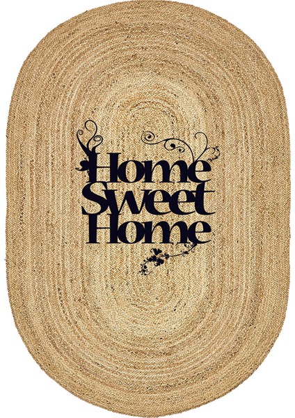 Home Sweet Home Desenli Oval Örme Dekoratif Jüt Kilim Hasır Halı JUT-4079