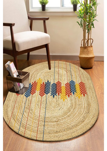 Bohem Oklar Desenli Oval Örme Dekoratif Jüt Kilim Hasır Halı JUT-4051