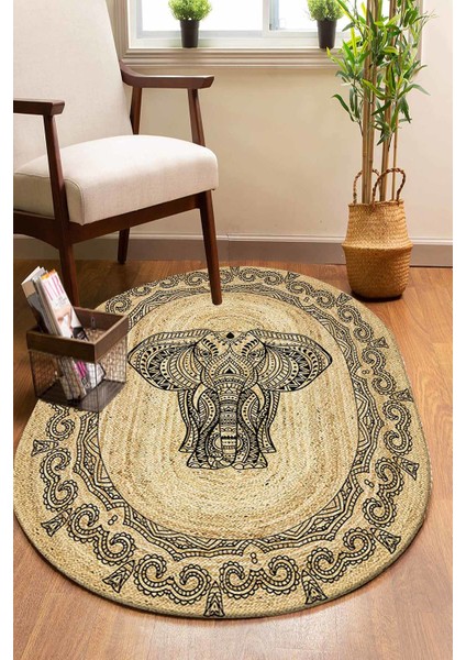 Filli Desenli Oval Örme Dekoratif Jüt Kilim Hasır Halı JUT-4006