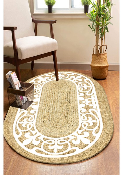 Osmanlı Desenli Oval Örme Dekoratif Jüt Kilim Hasır Halı JUT-4039