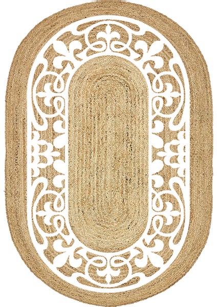 Osmanlı Desenli Oval Örme Dekoratif Jüt Kilim Hasır Halı JUT-4039