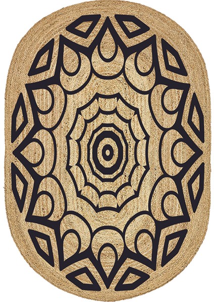 Mandala Desenli Oval Örme Dekoratif Jüt Kilim Hasır Halı JUT-4078