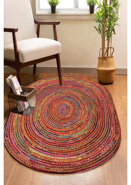 Renkli Çizgiler Oval Örme Dekoratif Jüt Kilim Hasır Halı JUT-4063