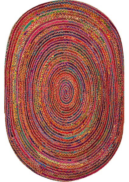 Renkli Çizgiler Oval Örme Dekoratif Jüt Kilim Hasır Halı JUT-4063