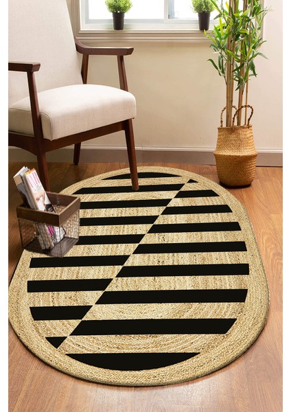 Kırık Çizgili Desenli Oval Örme Dekoratif Jüt Kilim Hasır Halı JUT-4049