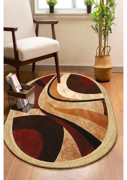 Kahve Retro Desenli Oval Örme Dekoratif Jüt Kilim Hasır Halı JUT-4054