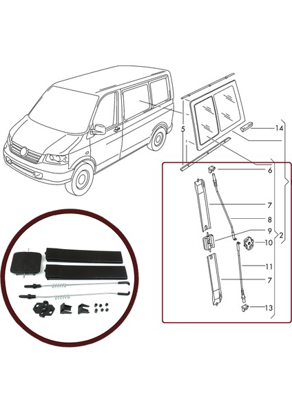 Bross Otomotiv BDP573 VW T5 Caravelle İçin Yan Sürgülü Cam Tamir Seti 7H0847781B