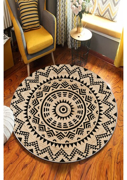 Etnik Desenli Yuvarlak Jüt Örme Doğal Hasır Kilim Daire Halı JUT-3011