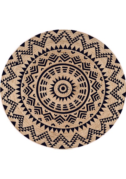 Etnik Desenli Yuvarlak Jüt Örme Doğal Hasır Kilim Daire Halı JUT-3011