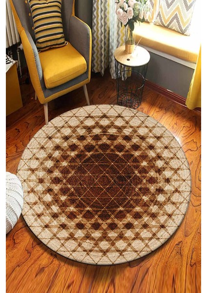 Kahve Geometrik Desenli Yuvarlak Jüt Örme Doğal Hasır Kilim Daire Halı JUT-3038