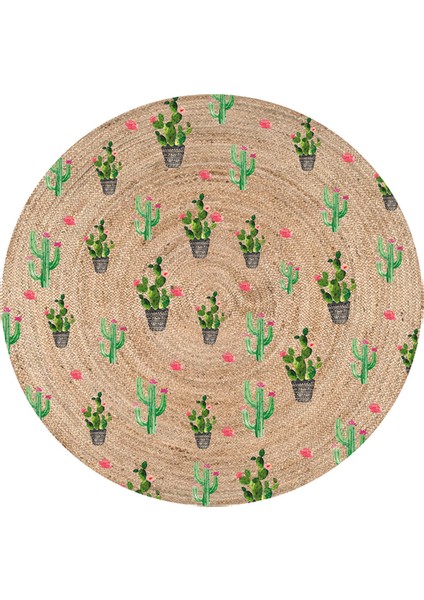 Yeşil Kaktüsler Desenli Yuvarlak Jüt Örme Doğal Hasır Kilim Daire Halı JUT-3016