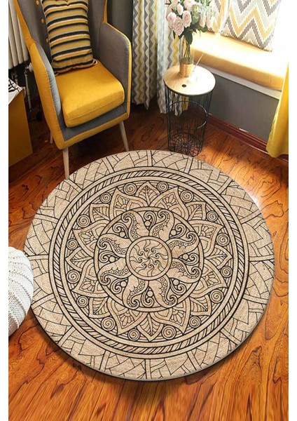 Mandala Desenler Desenli Yuvarlak Jüt Örme Doğal Hasır Kilim Daire Halı JUT-3082