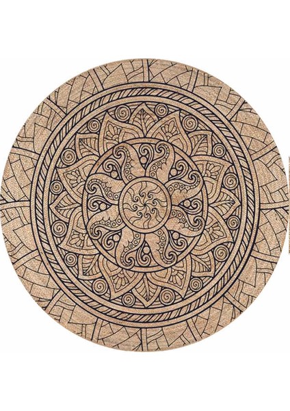 Mandala Desenler Desenli Yuvarlak Jüt Örme Doğal Hasır Kilim Daire Halı JUT-3082