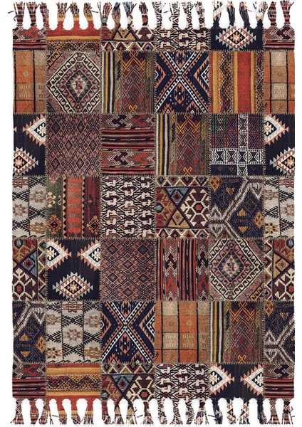 Etnik Otantik Vintage Desenli Yıkanabilir Saçaklı Uşak Dokuma Kilim PETRA-9031