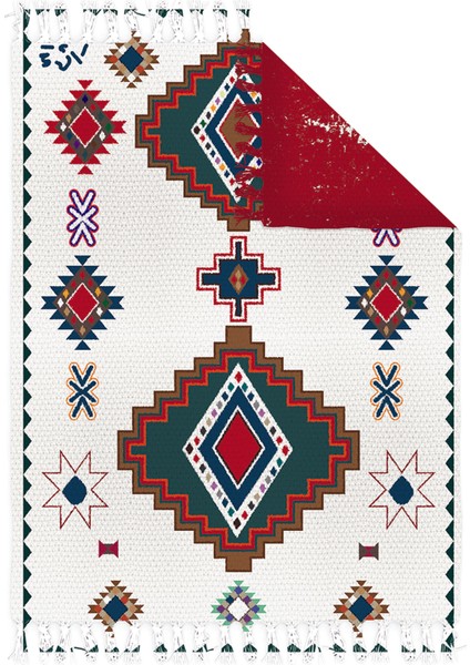 Otantik Vintage Desenli Çift Taraflı Yıkanabilir Saçaklı Uşak Dokuma Kilim BABIL-8042