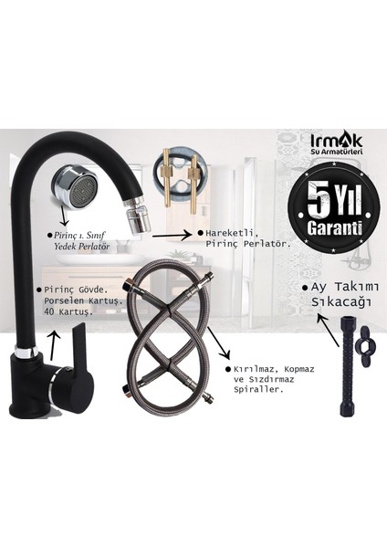 Siyah Mutfak Bataryası Pirinç Gövdeli Eviye Lavabo Musluğu Delta Serisi