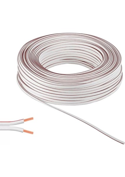 Kablo 2 x 0.75 mm Bitişik Yassı Kordon Hoparlör Kablosu Tam Bakır H03VH-H Beyaz Renk 15 Metre