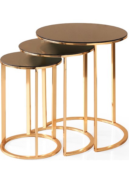 Yuvarlak Cam Zigon Sehpa 3 Lü Gold Kaplama Bronz Cam