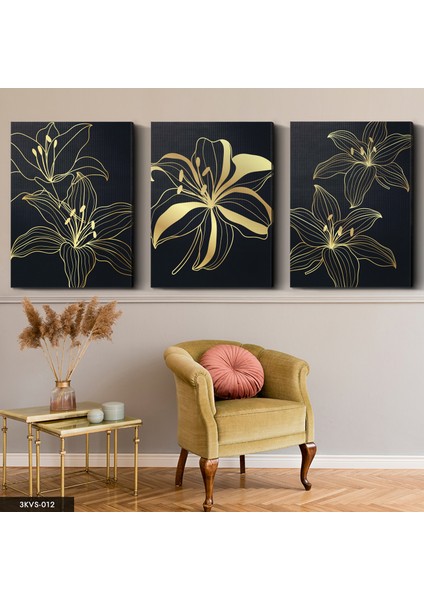 Gold Çiçekler 3 Parça Kanvas - Canvas Tablo