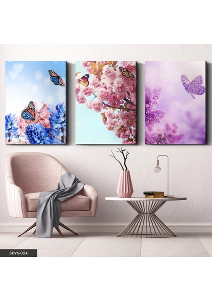 Çiçekler Kelebekler 3 Parça Kanvas - Canvas Tablo
