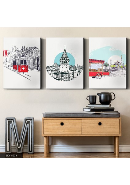 Çizim Istanbul 3 Parça Kanvas - Canvas Tablo